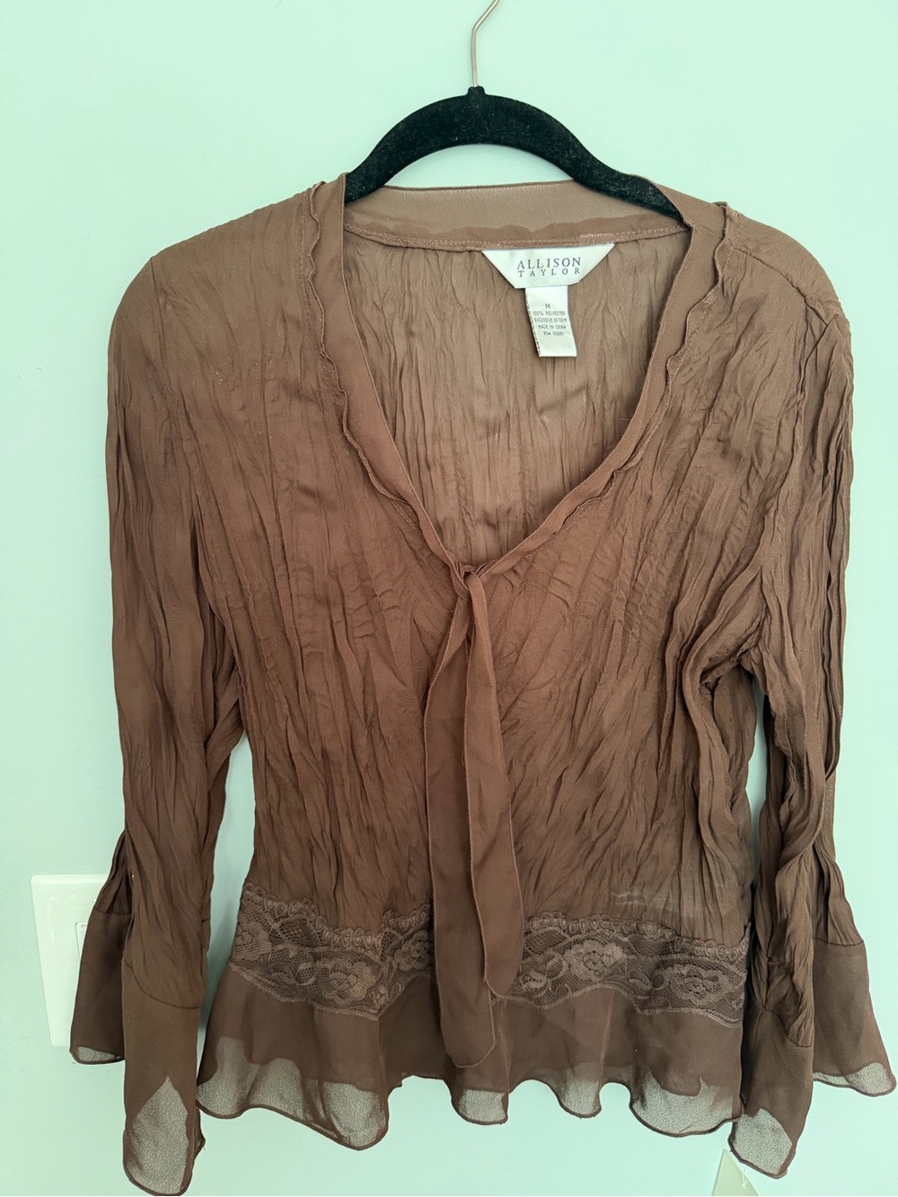 Allison Taylor Brown Sheer Tie-Neck Blouse M  NWT